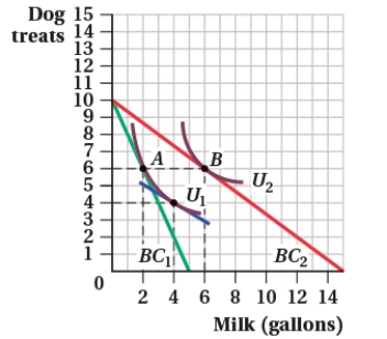(Figure: Dog Treats and Milk II)  When the price of milk drops, the income effect _____ the quantity of milk consumed from _____.   A)  increases; 2 to 6 gallons B)  increases; 4 to 6 gallons C)  decreases; 6 to 2 gallons D)  increases; 2 to 4 gallons