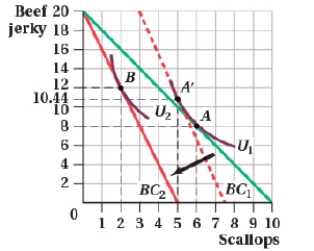 (Figure: Beef Jerky and Scallops I)    According to the figure, the income effect associated with the increase in the price of scallops is a movement from ____ to _____ scallops. A)  6; 5 B)  6; 2 C)  5; 2 D)  5; 6