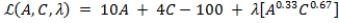 <strong>Suppose that Eugene cares only about action figures and ice cream. His utility function is U = A<sup>0.33</sup>C<sup>0.67</sup>, where A is the number of action figures he owns and C is the number of scoops of ice cream he eats. The price of action figures is $10, and the price of ice cream is $4. Eugene has a budget of $100. How can Eugene's utility maximization problem be expressed as a Lagrangian equation?</strong> A)   B)   C)   D)   <div style=padding-top: 35px> 