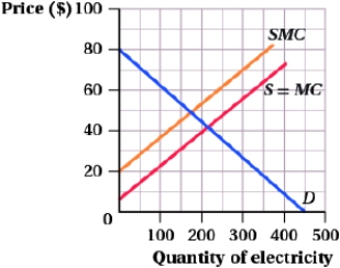 (Figure: Output Levels II)  The socially optimal output level could be achieved by a government quota of:   A)  approximately 212 units of electricity. B)  175 units of electricity. C)  100 units of electricity. D)  250 units of electricity.