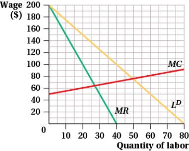 (Figure: Labor Union Wages I)  The figure represents a labor union with wage in dollars and quantity of labor in hundreds of hours.   If the labor union chooses to maximize total wages, how many workers will it supply? A)  2,750 B)  4,000 C)  5,000 D)  8,000