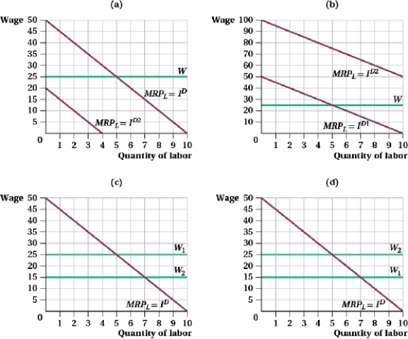 (Figure: Marginal Productivity of Apple Pickers I)  Assume that there is a decrease in the wage paid to apple pickers. Which graph best illustrates this change?   A)  (a)  B)  (b)  C)  (c)  D)  (d)  