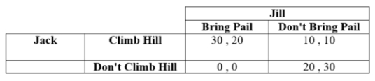 (Table: Jack and Jill I)    If Jack chooses to not climb the hill and Jill brings the pail, Jill's payoff is ____. A)  0 B)  10 C)  20 D)  30