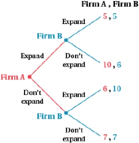 (Figure: Firms A and B IV)  Two firms are considering whether to expand their production capacity.   Which of the following statements is TRUE? A)  The outcome is (10 , 6)  or (6 , 10) . B)  There is no first-mover advantage. C)  Neither firm expands its production capacity. D)  There is a first-mover advantage.