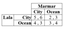 Lala and Marmar are deciding whether to reserve a vacation room with a city view or an ocean view. Their payoffs in terms of their happiness are as follows.    a. What are the pure-strategy Nash equilibria if any? b. What is the mixed-strategy Nash equilibrium?