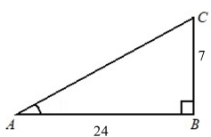 Use the Pythagorean theorem to find the length of the missing side. Then find the exact values of The sin A, cos A, and tan A.   A)    B)    C)    D)   
