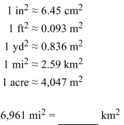 Use an English/Metric conversion for area given in the table to convert the following measurement to the Specified measurement. Round to the nearest hundredth, if necessary.   A)    B)    C)    D)   