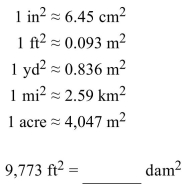 Use an English/Metric conversion for area given in the table to convert the following measurement to the Specified measurement. Round to the nearest hundredth, if necessary.   A)    B)    C)    D)   