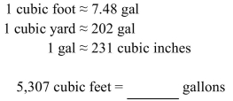 Use an English conversion for capacity given in the table to convert the following measurement to the Specified measurement. Round to the nearest hundredth, if necessary.   A) 39,696.36 gallons B) 158,785.44 gallons C) 2,837.97 gallons D) 709.49 gallons