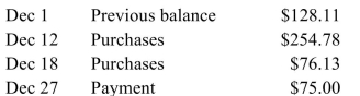 Amanda's credit card statement showed these transactions during December.   The interest rate is 12% per month on the average daily balance. Find the average daily balance, the Finance charge for the month, and the new balance on January 1. [Hint: Remember that December Has 31 days.] A) Average daily balance = $311.98; finance charge = $37.44; new balance = $421.46 B) Average daily balance = $314.77; finance charge = $37.77; new balance = $421.79 C) Average daily balance = $302.36; finance charge = $36.28; new balance = $420.30 D) Average daily balance = $329.12; finance charge = $39.49; new balance = $423.51