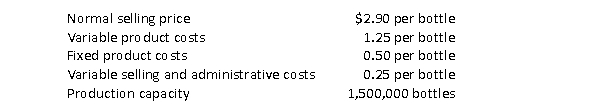 Chute Company's Extract division has collected the following information.   Assuming that the division has excess capacity of 300,000 and the Baked Goods division wants to buy 250,000 bottles, the minimum transfer price is A) $2.90 B) $2.00 C) $1.50 D) $1.15