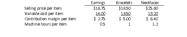 Sienna Company produces earrings, bracelets, and necklaces that are in high demand.Following is information for each of these products:   Sienna has 2,000 machine hours available each month.Demand for each item exceeds Sienna's capacity to produce the item.In order to maximize the company's total contribution margin, in what sequence should Sienna fill orders for the three products? A) Necklaces first, then bracelets, then earrings B) Earrings first, then necklaces, then bracelets C) Bracelets first, then earrings, then necklaces D) Necklaces first, then earrings, then bracelets