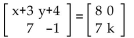Find the values that make the equation true. -  A)  x = 8; y = 0; k = -1 B)  x = 5; y = -1; k = 8 C)  x = -5; y = 4; k = 1 D)  x = 5; y = -4; k = -1