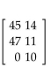 Solve the problem. -When the owner of a picture framing store took inventory of her unused frames, she found that she had 45 oak-8 , 14 oak-12 , 47 oak-18 , 11 walnut-8 , and 10 walnut-18 . Write this information as a 2 x 3 matrix. A)    B)    C)    D)   