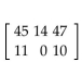 Solve the problem. -When the owner of a picture framing store took inventory of her unused frames, she found that she had 45 oak-8 , 14 oak-12 , 47 oak-18 , 11 walnut-8 , and 10 walnut-18 . Write this information as a 2 x 3 matrix. A)    B)    C)    D)   