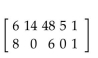 Solve the problem. -At a store, Sam bought 6 batteries, 14 60-watt light bulbs, 48 100-watt light bulbs, 5 picture-hanging kits, and a hammer. Jennifer bought 8 batteries, 6 100-watt light bulbs, and a package of tacks. Write the information as a 2 X 6 matrix. A)    B)    C)    D)   