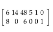 Solve the problem. -At a store, Sam bought 6 batteries, 14 60-watt light bulbs, 48 100-watt light bulbs, 5 picture-hanging kits, and a hammer. Jennifer bought 8 batteries, 6 100-watt light bulbs, and a package of tacks. Write the information as a 2 X 6 matrix. A)    B)    C)    D)   