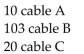 Solve the problem. -A company makes 3 types of cable. Cable A requires 3 black, 3 white, and 2 red wires. B requires 1 black, 2 white, and 1 red. C requires 2 black, 1 white, and 2 red. They used 100 black, 110 white and 90 red wires. How Many of each cable were made? A)    B)    C)    D)   