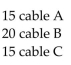 Solve the problem. -A company makes 3 types of cable. Cable A requires 3 black, 3 white, and 2 red wires. B requires 1 black, 2 white, and 1 red. C requires 2 black, 1 white, and 2 red. They used 95 black, 100 white and 80 red wires. How Many of each cable were made? A)    B)    C)    D)   