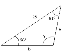 Solve the triangle with the given parts. -  A)    97°, a = 12.4, b = 21.9 B)    = 103°, a = 22.3, b = 12.6 C)    = 103°, a = 62.2, b = 35.1 D)    = 103°, a = 12.6, b = 22.3