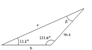 Solve the triangle with the given parts. -  A)    = 37.2°, b = 30.9, c = 25.2 B)    = 37.2°, b = 371.1, c = 300.1 C)    = 37.2°, b = 300.1, c = 371.1 D)    = 36.8°, b = 297.3, c = 371.1