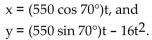Solve the problem. -A projectile is fired with an initial velocity of 550 feet per second at an angle of 70° with the horizontal. To the nearest 10 feet, find the horizontal distance covered by the projectile. The parametric equations for the path of The projectile are   A)  5940 feet B)  6080 feet C)  6320 feet D)  6190 feet