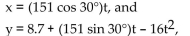 Solve the problem. -A projectile is fired from a height of 8.7 feet with an initial velocity of 151 ft/sec at an angle of 30° with the horizontal. The parametric equations for the path of the projectile are   where x and y are in feet and t is in seconds. Find the total horizontal distance traveled by the projectile. Round Your answer to the nearest tenth of a foot. A)  933.8 feet B)  617.1 feet C)  631.7 feet D)  466.9 feet