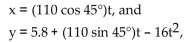 Solve the problem. -A projectile is fired from a height of 5.8 feet with an initial velocity of 110 ft/sec at an angle of 45° with the horizontal. The parametric equations for the path of the projectile are   where x and y are in feet and t is in seconds. Determine the maximum height reached by the projectile. Round Your answer to the nearest tenth of a foot. A)  106.1 ft B)  94.5 ft C)  100.3 ft D)  194.9 ft