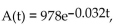 Solve the problem. -The decay of 978 mg of an isotope is given by   where t is time in years. Find the amount left after 14 years. A)  625 mg B)  947 mg C)  605 mg D)  313 mg