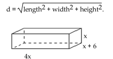 Solve the problem. -A rectangular shipping crate, like the figure shown, has a diagonal measurement from the lower back corner to the upper front corner of 78 in. If the longest side is 4 times the shortest side and the third side is 6 longer than The shortest side, find the measurements of the crate to the nearest unit. The formula for the diagonal is   A)  30 in., 72 in., 78 in. B)  19 in., 25 in., 76 in. C)  18 in., 24 in., 72 in. D)  30 in., 31 in., 120 in.