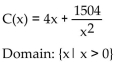 Solve the problem. -A rectangular box with volume 188 cubic feet is built with a square base and top. The cost is $1.50 per square foot for the top and the bottom and $2.00 per square foot for the sides. Let x represent the length of a side of the Base. Express the cost of the box as a function of x. Give the function and state its domain. A)    B)    C)    D)   