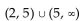Solve the inequality by reading the given graph. State the solution set using interval notation. -  A related function is graphed below.   x-intercepts: (2, 0) , (5, 0)  A)    B)    C)  [2, 5] D)   