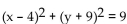 Find the center and radius of the circle. -  A)  Center: (-9, 4) ; radius: 9 B)  Center: (4, -9) ; radius: 3 C)  Center: (4, -9) ; radius: 9 D)  Center: (-9, 4) ; radius: 3