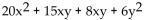 Factor by grouping. -  A)  (20x + 2y) (x + 3y)  B)  (5x + 2y) (4x + 3y)  C)  (5x - 2y) (4x + 3y)  D)  (5x + 2) (4x + 3) 