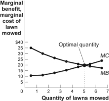 Use the following to answer questions: Figure: The Optimal Quantity   -(Figure: The Optimal Quantity)  Look at the figure The Optimal Quantity. If the cost of lawn mowing decreased for all quantities of lawns mowed, the _____ curve in the figure would shift to the _____ and the total profit would _____. A)  marginal benefit; right; increase B)  marginal cost; right; increase C)  marginal benefit; left; decrease D)  marginal cost; left; decrease