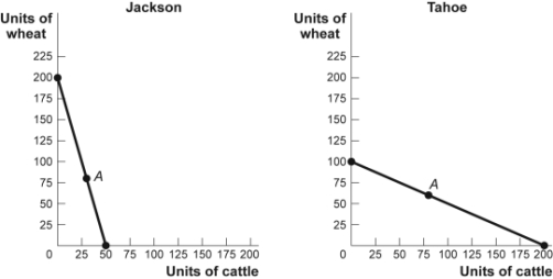 <strong>Use the following to answer questions: Figure: The Production Possibility Frontiers for Jackson and Tahoe   (Figure: The Production Possibility Frontiers for Jackson and Tahoe) Look at the figure The Production Possibility Frontiers for Jackson and Tahoe. In autarky, Jackson produces and consumes 30 head of cattle and 80 bushels of wheat, while Tahoe produces and consumes 80 head of cattle and 60 bushels of wheat. With complete specialization according to comparative advantage, the two nations' combined production of wheat will:</strong> A) remain constant. B) increase by 120 bushels. C) increase by 60 bushels. D) decrease by 60 bushels. <div style=padding-top: 35px> 