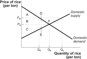 Use the following to answer questions: Figure: The Domestic Market for Rice   -(Figure: The Domestic Market for Rice)  Look at the figure The Domestic Market for Rice. Assume that P<sub>A</sub> is the autarky price and P<sub>W</sub> is the world price. Before international trade, consumer surplus is equal to the area: A)  A. B)  A + B. C)  A + B + C. D)  A + B + D.