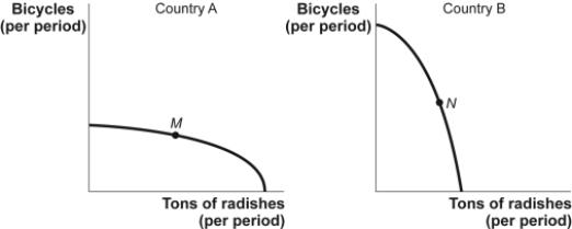 Use the following to answer questions: Figure: Bicycles and Radishes I   -(Figure: Bicycles and Radishes I)  Look at the figure Bicycles and Radishes I. It shows production possibility frontiers for two countries that produce only radishes and bicycles. The axes of the two graphs are measured in equivalent units. Country A is operating at point M, and country B is operating at point N. Suppose country A discovers a new technology that greatly increases its ability to produce bicycles but has no effect on its ability to produce radishes. This would: A)  lower the opportunity cost of producing radishes in country A. B)  increase the opportunity cost of producing radishes in country A. C)  not affect the opportunity cost of producing radishes in country A. D)  increase the opportunity cost of producing radishes in country B.
