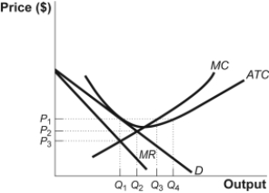 Use the following to answer question: Figure: Possible Long-Run Outcome   -(Figure: Possible Long-Run Outcome)  In the figure Possible Long-Run Outcome, which price and quantity refer to a potential long-run profit maximizing outcome for a firm producing in a monopolistically competitive market? A)  P<sub>1</sub> and Q<sub>3</sub> B)  P<sub>1</sub> and Q<sub>1</sub> C)  P<sub>2</sub> and Q<sub>2</sub> D)  P<sub>1</sub> and Q<sub>4</sub>