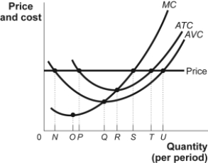 Use the following to answer questions: Figure: Short-Run Costs   -(Figure: Short-Run Costs)  Look at the figure Short-Run Costs. At the given price, the most profitable level of output occurs at quantity: A)  N. B)  P. C)  S. D)  T.