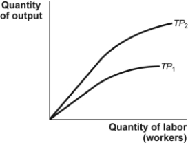 Use the following to answer questions: Figure: Change in the Total Product   -(Figure: Change in the Total Product)  Look at the figure Change in the Total Product. As indicated by the change in a production function from TP<sub>1</sub> to TP<sub>2</sub>, the marginal product of labor curve has: A)  shifted upward. B)  shifted downward. C)  not moved. D)  become inverted.