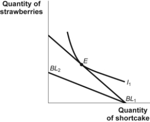 Use the following to answer question: Figure: A Changing Budget Constraint for Strawberries and Shortcake   -(Figure: A Changing Budget Constraint for Strawberries and Shortcake)  Look at the figure A Changing Budget Constraint for Strawberries and Shortcake. Seb's original budget line is given by BL<sub>1</sub> and his original indifference curve is given by I<sub>1</sub>. Which of the following would have caused his budget line to move to BL<sub>2</sub>? A)  The price of strawberries increased. B)  The price of shortcake increased. C)  Seb's income decreased. D)  The price of strawberries decreased.
