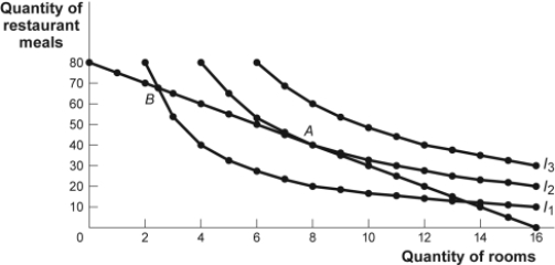 Use the following to answer questions: Figure: The Optimal Consumption Bundle   -(Figure: The Optimal Consumption Bundle)  Look at the figure The Optimal Consumption Bundle. Which of the following could lead to an optimal consumption bundle on indifference curve I<sub>1</sub>? A)  an increase in income B)  a decrease in the price of restaurant meals C)  a decrease in the price of rooms D)  a decrease in income