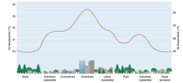 The figure below shows how temperatures might vary on a summer afternoon over different types of landscapes. What explains the higher temperatures over the city?   A) Thermal inversions B) Heat island C) Dust domes D) Photochemical smog