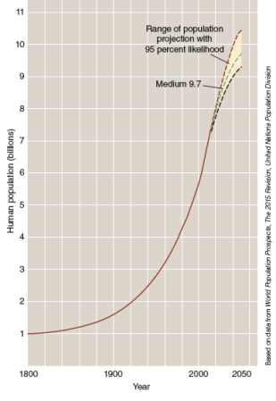 <strong>The United Nations periodically publishes population projections for the 21<sup>st</sup> century. In their most current projection (shown in the graph below), their estimates range from a high estimate ( 10.2 billion in 2050)to a low estimate (9.3 billion in 2050). What is the reason for this range of population numbers? </strong> A)The estimates project what we hope will happen (low estimate)versus what we expect will happen (high estimate). B)The estimates vary depending on fertility changes, particularly in less developed countries, because that is where almost all of the growth will take place. C)The estimates are based on how epidemics such as AIDS, SARS, and swine flu progresses affecting future death rates. D)The estimates vary depending on the population model used.