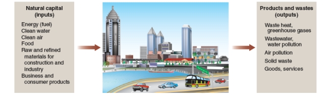 A city can be considered an ecosystem as shown in the figure below. What is not shown in the figure that would make the city more sustainable?   A) The internal cycling of materials and energy within the urban system, which would reduce both the inputs necessary as well as the wastes produced. B) A climate that supports outdoor activities year round, which would reduce the use of a car. C) A population of 10 million residents or more, which would mean that less resources would be used per person. D) High socio-economic levels and a population of similar ethnicity, which would mean that green decisions about city life could be made easily and people could afford to pay for them.