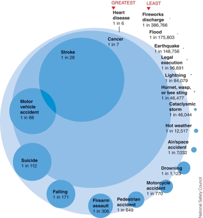 What can be interpreted from the figure below about the lifetime probability of death by selected causes?   A) The top three causes of death are caused by risks that are controlled by genetics as well as by lifestyle or environment. B) There is a greater risk of death in flying in an airplane than driving a car. C) All the top five causes of death are caused purely by stochastic (random) events and cannot be changed by behavior. D) All of these causes of death are risks that are solely controlled by environment.