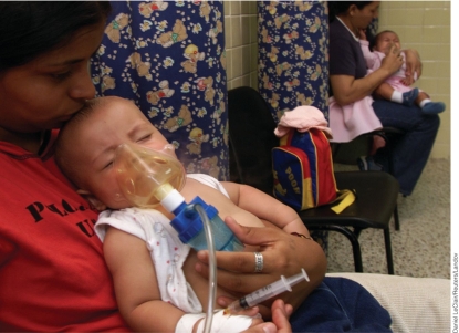 Both the mothers and children shown below have breathed in polluted air over a period of time, yet only the child shows symptoms of environmentally linked respiratory diseases and is receiving treatment. This is so because:   A) A child has a higher metabolic rate and needs more oxygen, so he takes in more air. B) Adults living in these areas have developed a tolerance to the air pollutants that are present there. C) There are no known treatments available to treat adults suffering environmentally linked respiratory diseases. D) Young children show symptoms earlier than adults do.