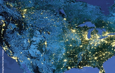This partial image of North America represents:   1. A satellite view of the continent taken during the day to highlight areas of bright sunlight. 2. The areas in yellow represent major metropolitan areas. 3. The areas in yellow represent major human population centers. A) 1 only B) 2 only C) 3 only D) Both 2 and 3 can be interpreted from the image.