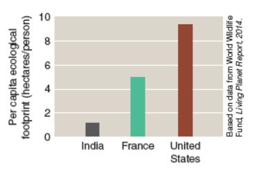 From the graphs below we can interpret the following:     A) Of the three nations, India has the most people overpopulation as it has a smallest per capita ecological footprint but the second largest total ecological footprint. B) Of the three nations, the United States has the most consumption overpopulation as both its per capita and total ecological footprint are the largest. C) France has a per capita ecological footprint of about 4.9 hectares, which makes it about five times the size of India and half the size of the United States. D) All of the above statements can be interpreted from the graphs.